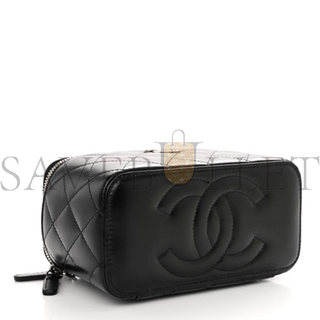 Ch*el master shiny calfskin quilted small crystal top handle vanity case with chain black a96030 (17*9.5*7.8cm)